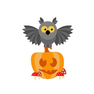 Mantarlar gülümseyen bir kabak oturup çizgi film baykuş. Vektör illüstrasyon izole. Cadılar Bayramı.