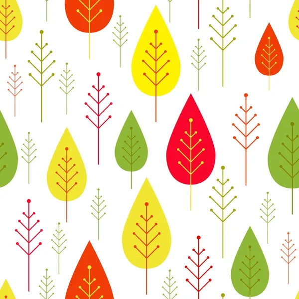 Seamless autumn vegetable pattern with abstract ornamental trees and colorful leaves and circles on a white background. Vector background. — Stock Vector