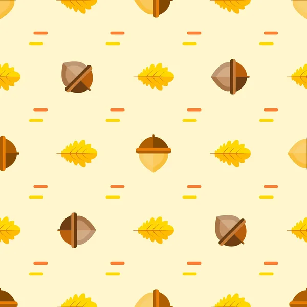 Patrón simétrico sin costuras con bellotas y hojas de roble de otoño naranja, amarillo sobre fondo beige. Fondo vectorial en estilo plano — Vector de stock