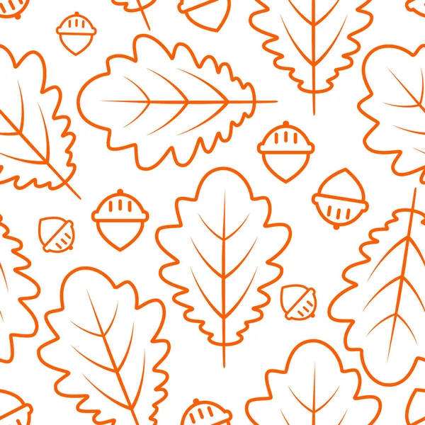 Autumn seamless pattern with oak leaves and acorns. Contour stylized drawing over white background. Vector — Stock Vector