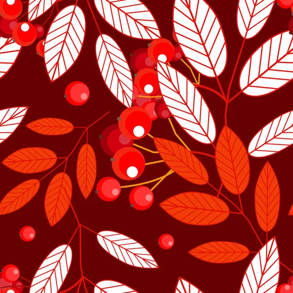 Ajur ashberry yaprakları ve kırmızı bir arka plan üzerinde kırmızı meyveler ile sonbahar seamless modeli. Vektör.