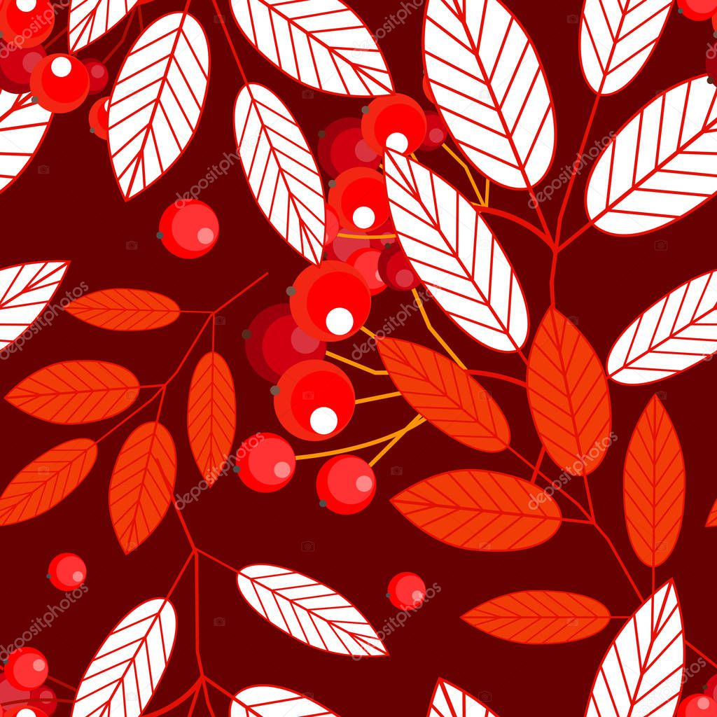 Autumn seamless pattern with openwork ashberry leaves and red berries on a red background. Vector.