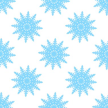 Beyaz bir arka plan üzerinde kar taneleri olan simetrik minimalist seamless modeli. Mavi renkte dizayn. Vektör çizim