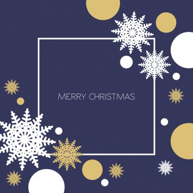 Altın ve beyaz kar taneleri ve daireler, kartpostal için mavi bir şablonu ile Noel arka plan. Vektör
