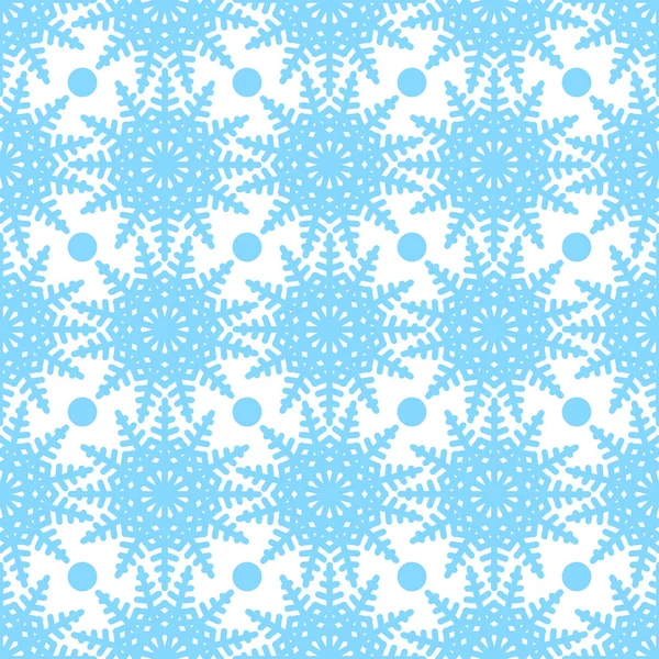 Symmetrisches nahtloses Muster von Schneeflocken und Kreisen auf weißem Hintergrund. Design in blauer Farbe. Vektorillustration — Stockvektor