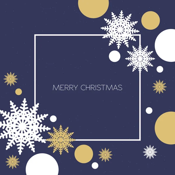 Altın ve beyaz kar taneleri ve daireler, kartpostal için mavi bir şablonu ile Noel arka plan. Vektör