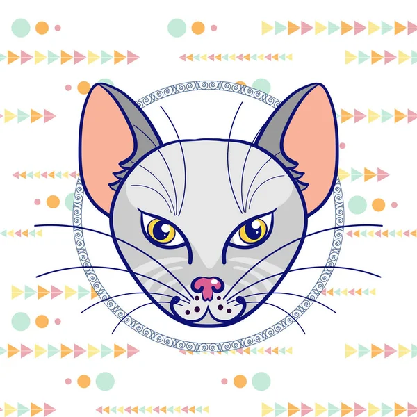 Dessin à la main un portrait d'un chat gris dans un cercle sur un fond blanc avec un motif de triangles et de cercles multicolores. Illustration vectorielle — Image vectorielle