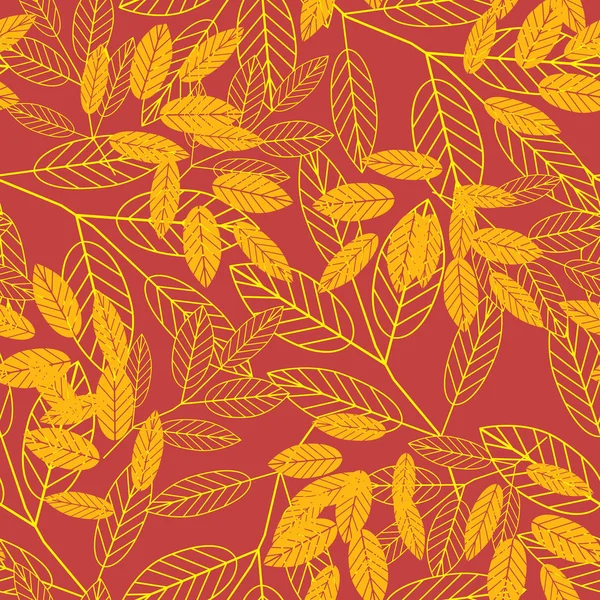 Botanisches nahtloses Muster. Herbst Hintergrund von gelben Blättern auf rotem Hintergrund. Vektor. — Stockvektor
