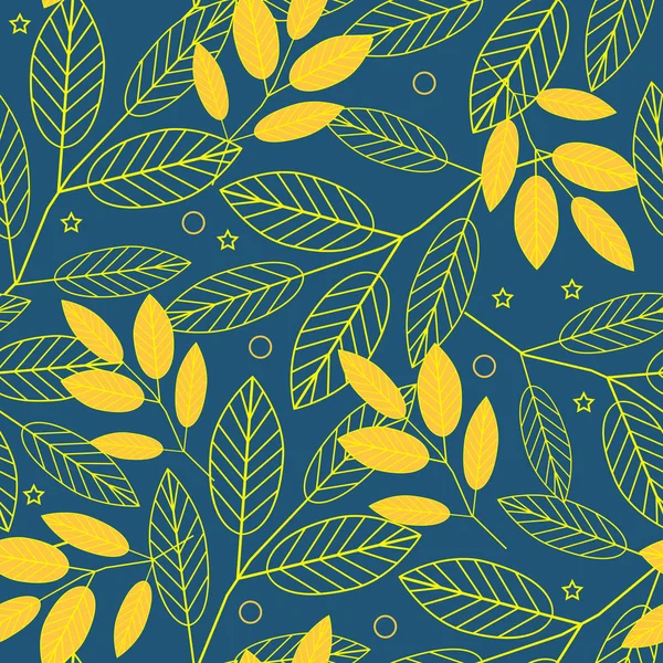Modello senza cuciture autunnale di foglie gialle su sfondo blu con stelle e cerchi. Vettore . — Vettoriale Stock