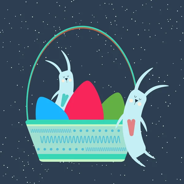 Coelhos da Páscoa dormindo em uma cesta de vime com ovos coloridos. Cartão de felicitações. Desenho animado plano ilustração. Vetor — Vetor de Stock
