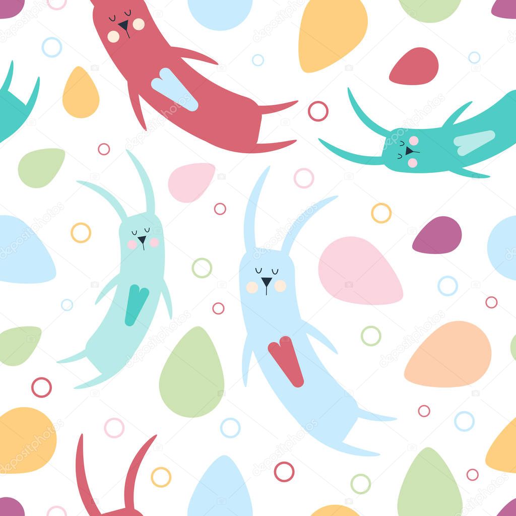 Seamless pattern with colorful rabbits, hearts, circles, eggs on a white background. Easter. Cartoon illustration. Vector.