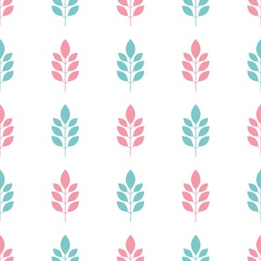 Beyaz zemin üzerinde mavi ve pembe yaprakları ile simetrik sorunsuz çiçek desenli. Hassas flora. Vektör çizim.
