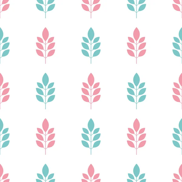 Symmetrisches, nahtloses Blumenmuster mit blauen und rosa Blättern auf weißem Hintergrund. zarte Flora. Vektorillustration. — Stockvektor