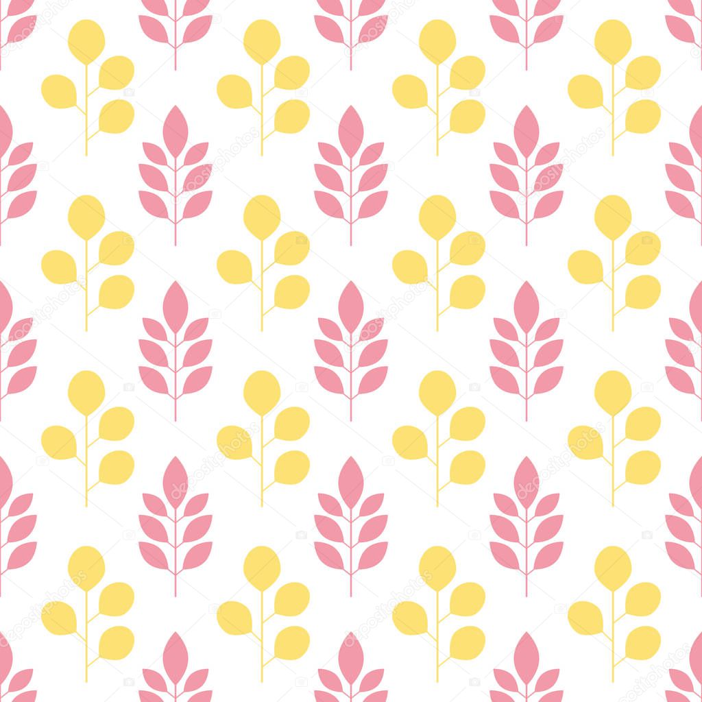 Symmetrical seamless floral pattern with colorful leaves on a white background. Delicate Flora. Vector illustration.