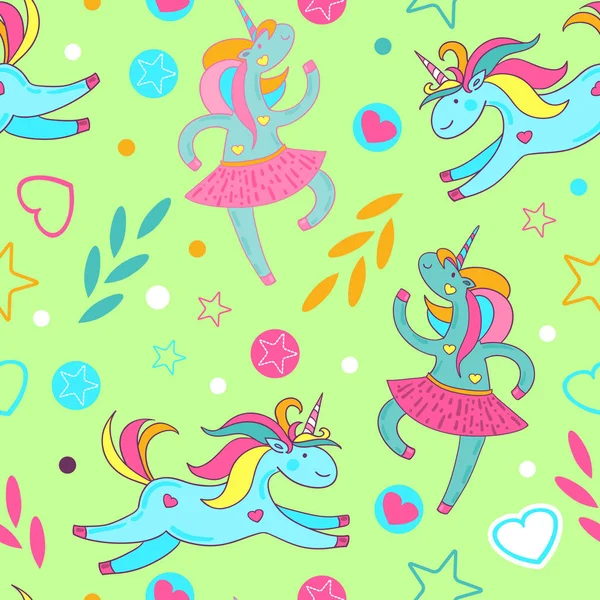 Sevimli çizgi tek boynuzlu atlar, yıldız, Kalpler, daireler, bitkiler yeşil zemin üzerine Dikişsiz desen. Vektör çizim.