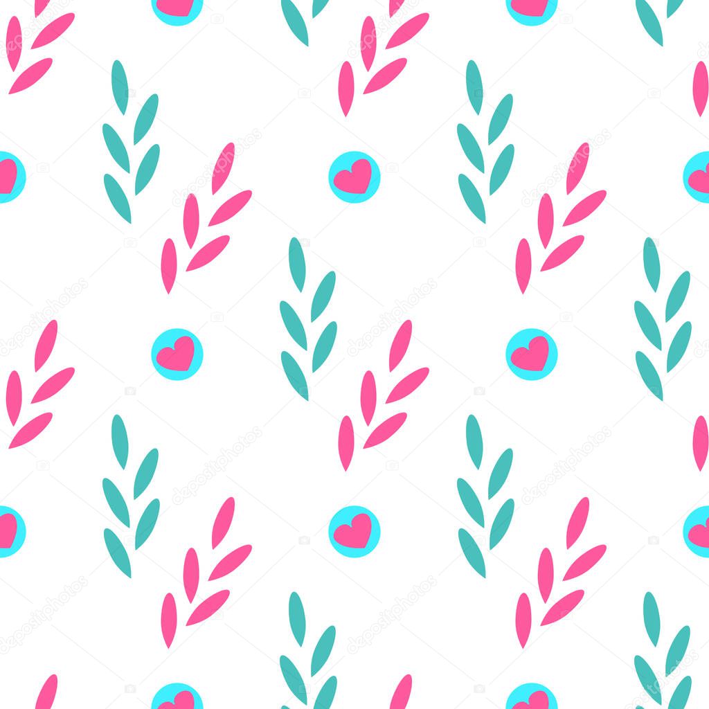 Seamless pattern of abstract plants with hearts. Vector background