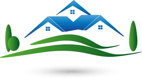 Tres casas y prado, corredores de bienes raíces, inmuebles Logo — Vector de stock