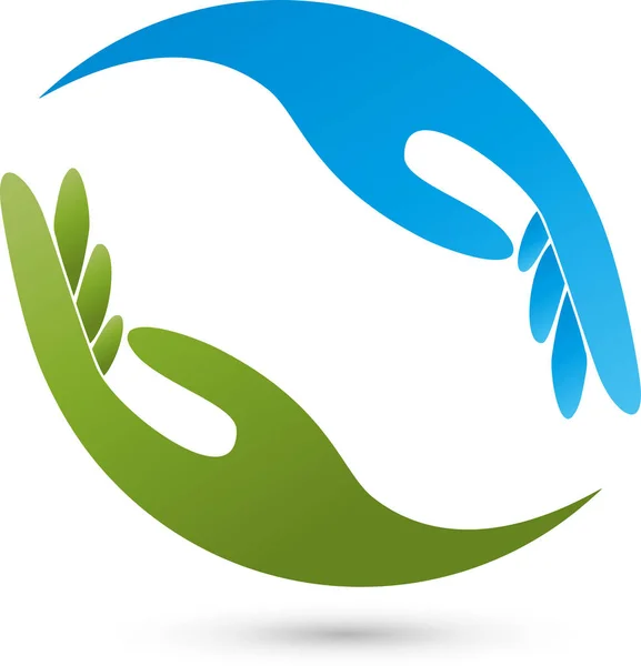 Dua tangan berwarna hijau dan biru, tangan dan logo pijat - Stok Vektor