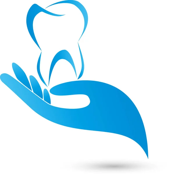 Logotipo del diente y la mano, diente y dentista — Vector de stock