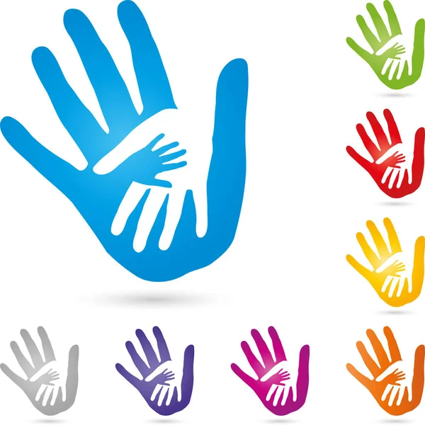 Tres manos juntas, gente y logotipo de la familia — Vector de stock