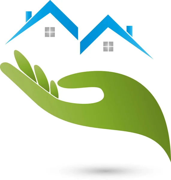 Twee huizen en hand, vastgoed en onroerende goederenagent logo — Stockvector