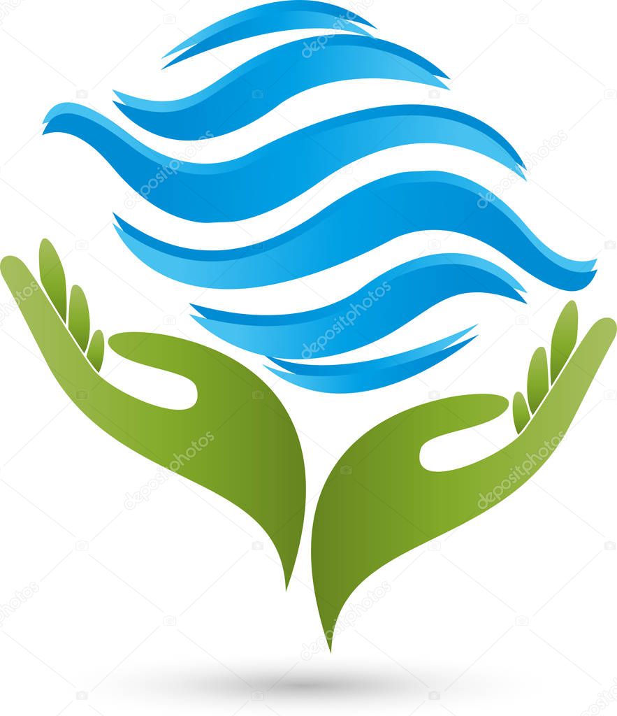 Two hands and water waves, wellness and naturopathic logo