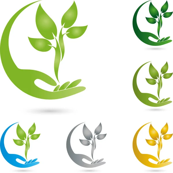 Hand en plant, wellness en tuinman logo — Stockvector