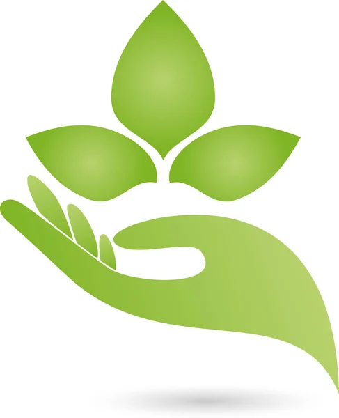 Mão e planta, bem-estar e logotipo do jardineiro — Vetor de Stock