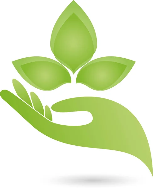 Hand en bladeren, plant, wellness en natuurgeneeskundige logo — Stockvector