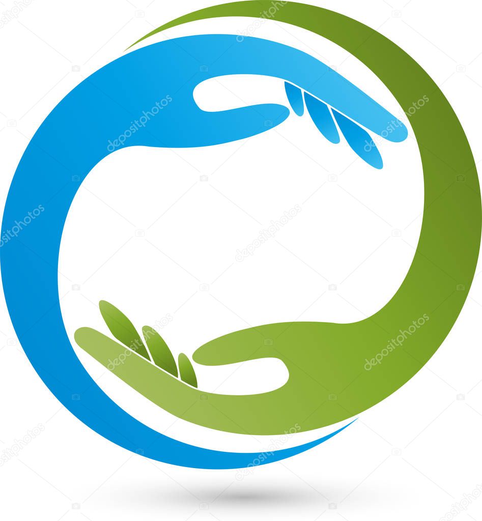 Two hands in green and blue, massage and physiotherapy logo