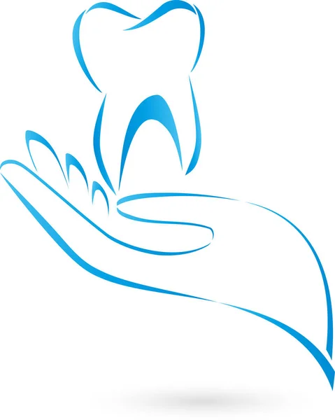 Logotipo del diente y la mano, diente y dentista — Vector de stock