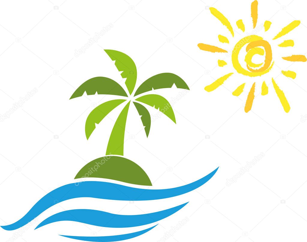 Sun and island with palm tree, vacation and travel logo