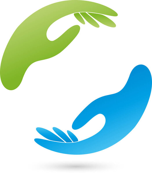 Two hands in green and blue, hands and massage logo