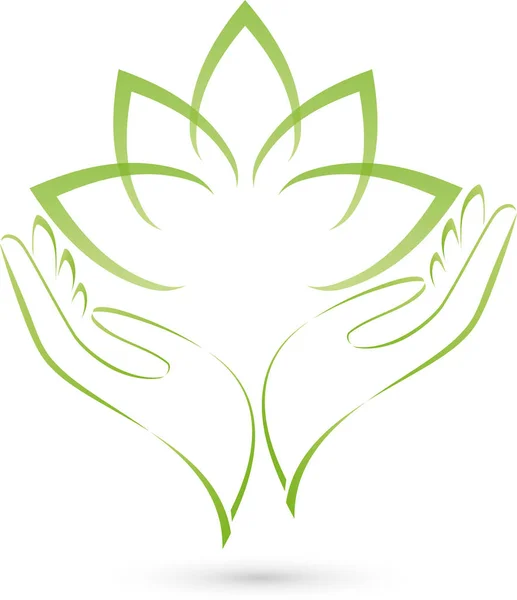 Handen en bladeren, plant, natuurgeneeskundige- en Wellness-logo — Stockvector