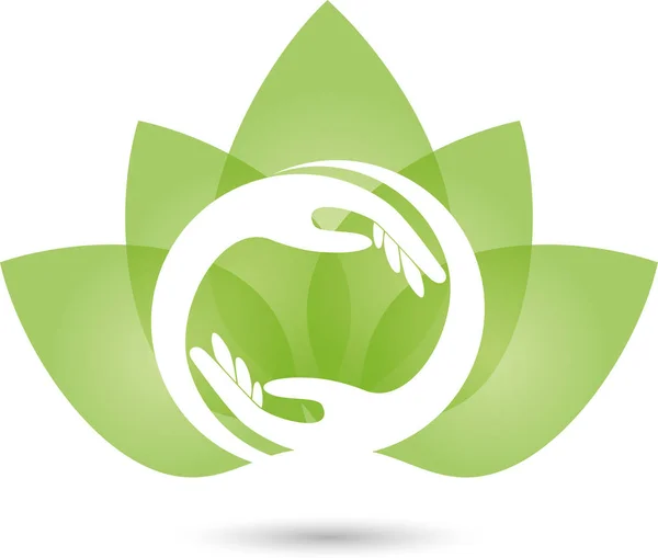 Twee handen en bladeren, natuurgeneeskundige- en Wellness-logo — Stockvector