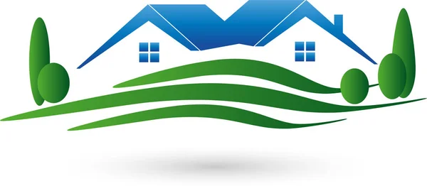 Dos casas y prado, bienes raíces y el logotipo del agente de bienes raíces — Vector de stock