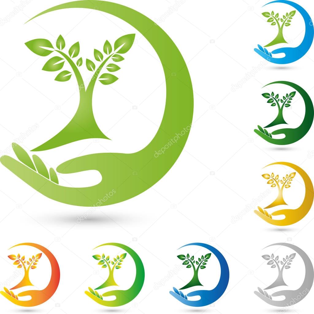 Tree, plant and hand, gardener and nature logo