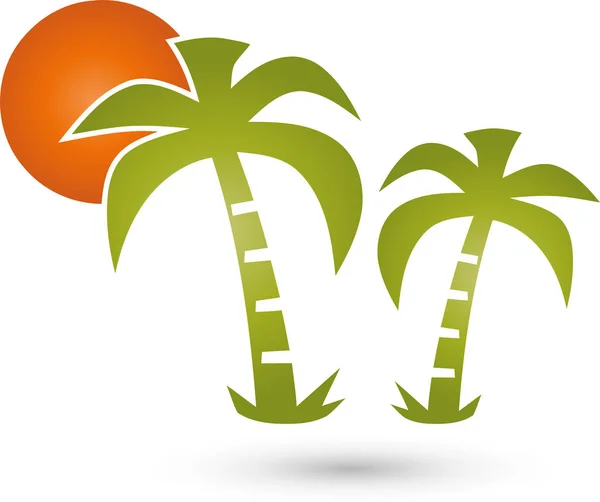 Два пальмы и солнце, путешествия и туристический логотип — стоковый вектор
