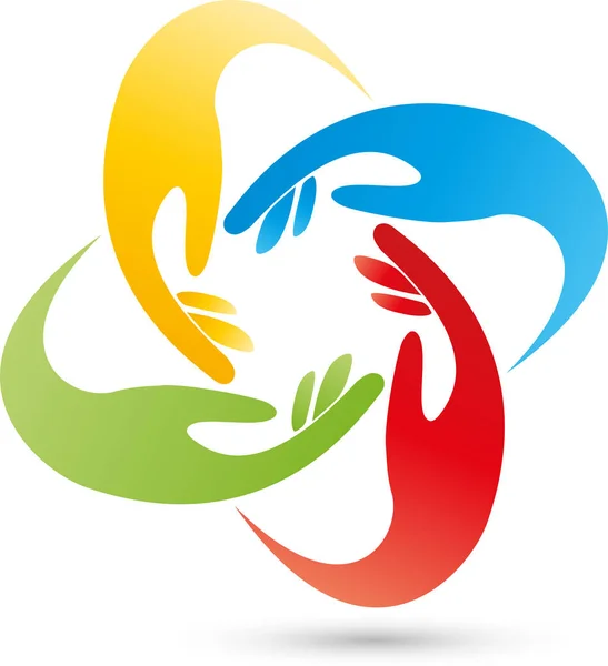 Quatro mãos, coloridas, pessoas e logotipo da equipe —  Vetores de Stock