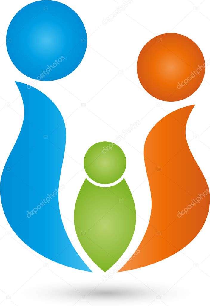 Three people, colored, people and family logo