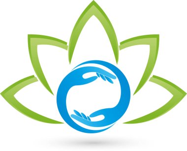 Çok yaprakları, bitki ve eller, sağlık ve masaj logosu