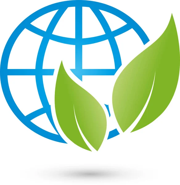 Země světa s listy, ekologie a eco earth logo — Stockový vektor