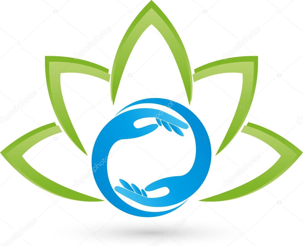 Many leaves, plant and hands, wellness and massage logo