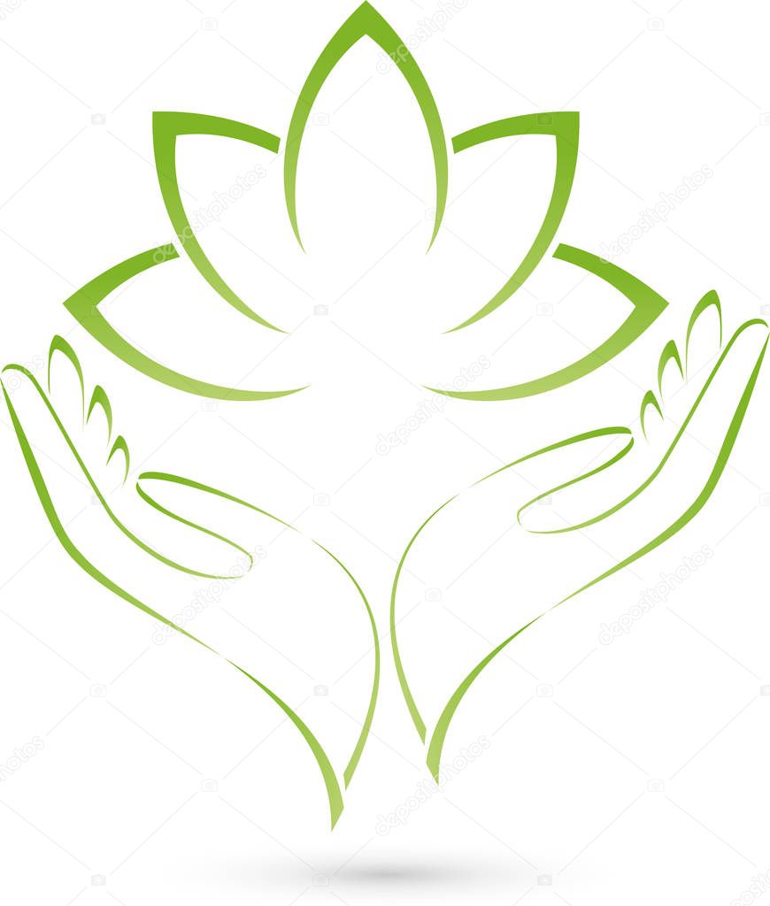 Two hands and leaves, nature and wellness logo