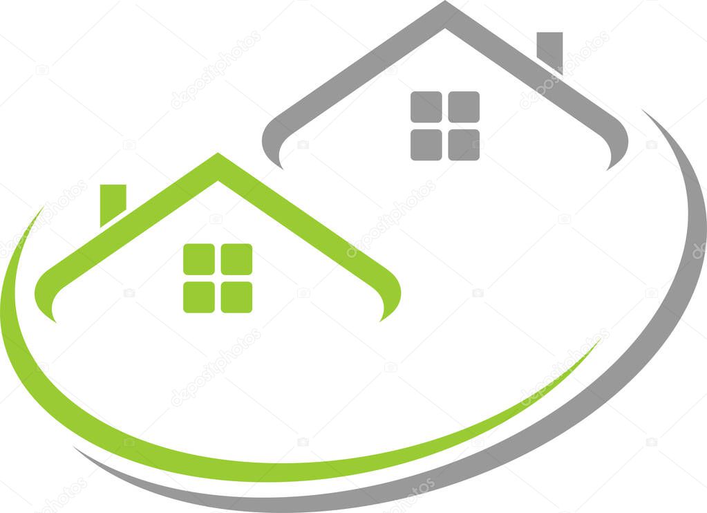 Two houses, roofs, real estate and roofer logo