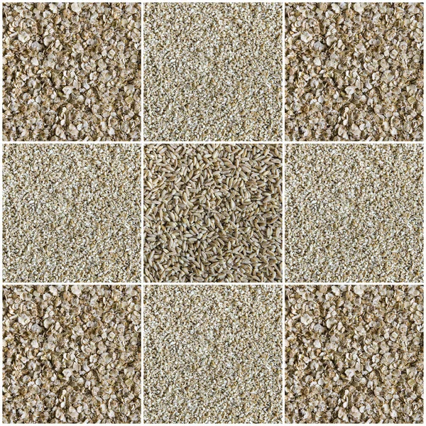 Collage compuesto por grano de trigo integral, trigo cortado y copos de avena — Foto de Stock