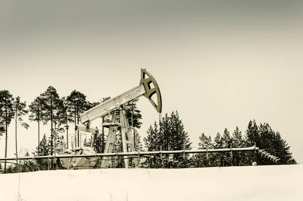 Pump jack och borrhålet i oljefält — Stockfoto