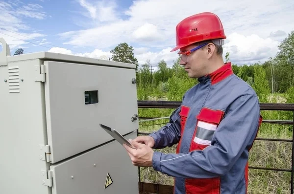 Electricista ingeniero constructor comprobar los datos — Foto de Stock