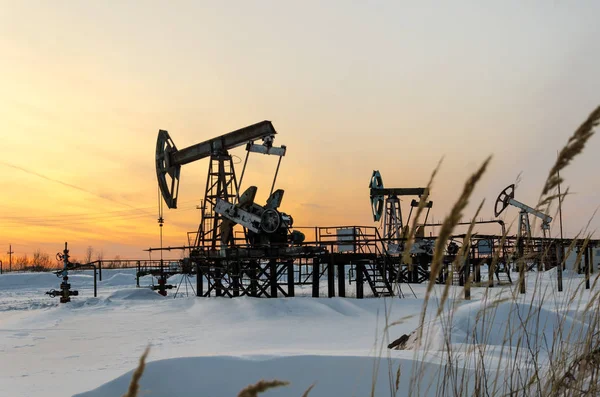 Campo petrolífero durante la puesta del sol en invierno — Foto de Stock