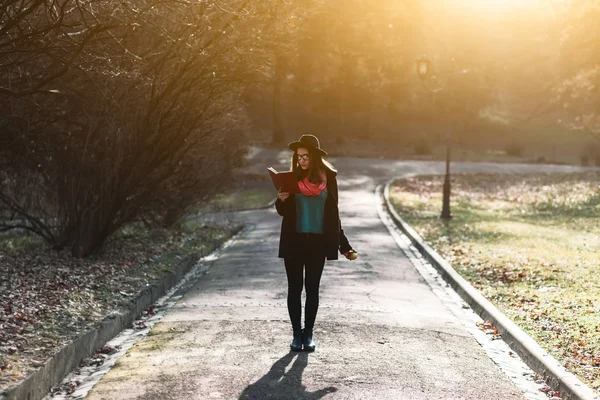 Menina andando no ensolarado parque de outono — Fotografia de Stock